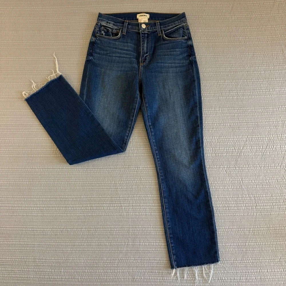 L'AGENCE High Rise Straight‎ Leg Raw Hem Jeans Dark Wash Blue Womens Size 25